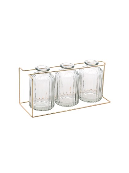3 VASES VERRE TRANSPARENTS SUR SUPPORT METAL OR 22CM X 8.5CM X 10.5CM