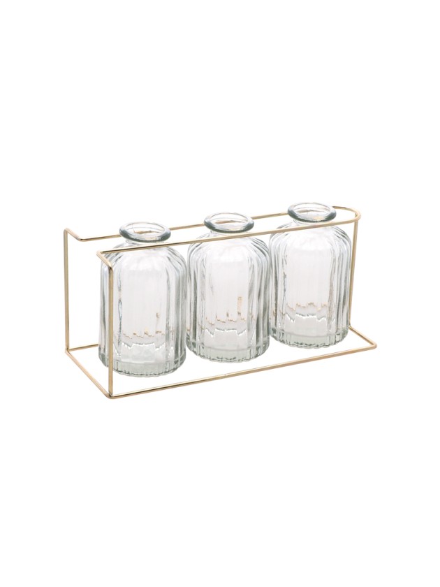 3 VASES VERRE TRANSPARENTS SUR SUPPORT METAL OR 22CM X 8.5CM X 10.5CM