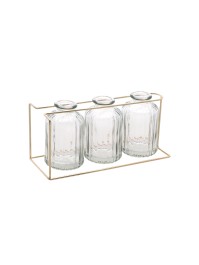 3 VASES VERRE TRANSPARENTS SUR SUPPORT METAL OR 22CM X 8.5CM X 10.5CM