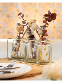 3 VASES VERRE TRANSPARENTS SUR SUPPORT METAL OR 22CM X 8.5CM X 10.5CM