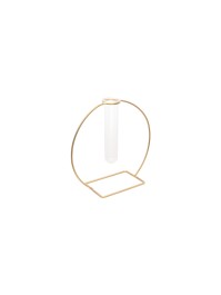 GLASS TUBE FLOWER HOLDER ON GOLDEN METAL ROUND STAND 22CM X 9CM X 20CM
