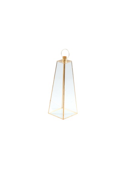 GOLDEN METAL GLASS LANTERN PYRAMID SHAPE 15.5CM X 15.5CM X 43CM