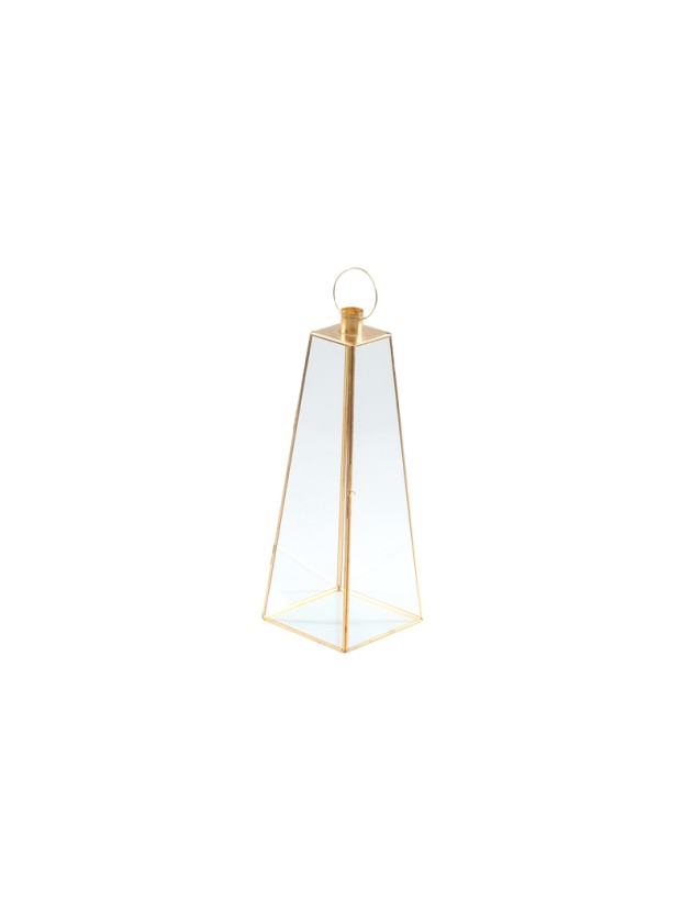 GOLDEN METAL GLASS LANTERN PYRAMID SHAPE 15.5CM X 15.5CM X 43CM
