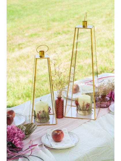 GOLDEN METAL GLASS LANTERN PYRAMID SHAPE 15.5CM X 15.5CM X 43CM