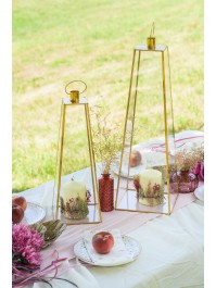 GOLDEN METAL GLASS LANTERN PYRAMID SHAPE 15.5CM X 15.5CM X 43CM