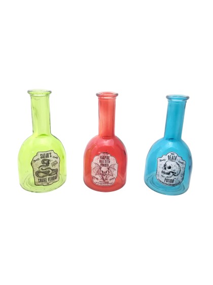 HALLOWEEN GLASS BOTTLE - 3 ASS DIA 8CM X 16CM
