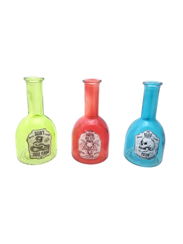 HALLOWEEN GLASS BOTTLE - 3 ASS DIA 8CM X 16CM