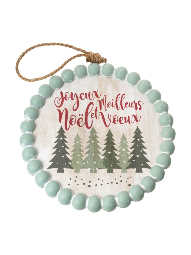 WOODEN WHITE BLEACHED DECO TREES AND JOYEUX NOEL W/ ROPE AND BEADS DIA 25CM