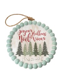 DECO BOIS BLANCHI AV CORDE JOYEUX NOEL SAPINS PERLES VERT DIA 25CM