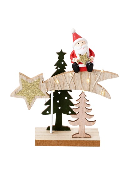 WOODEN STAR TABLE CENTER W/ LEDS HAPPY SANTA 14.5CM X 5CM X 15CM