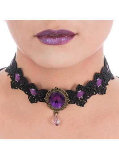 COLLIER RAS DE COU DENTELLE GOTHIQUE VIOLET 
