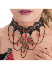COLLIER RAS DE COU DENTELLE ET PERLES ROUGES 