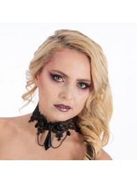 COLLIER RAS DE COU DENTELLE AVEC ROSES NOIRES ET PIERRES NOIRES 