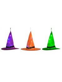 LIGHT UP HANGING WITCH HAT - 3 ASSORTED DIA 38CM X 35CM
