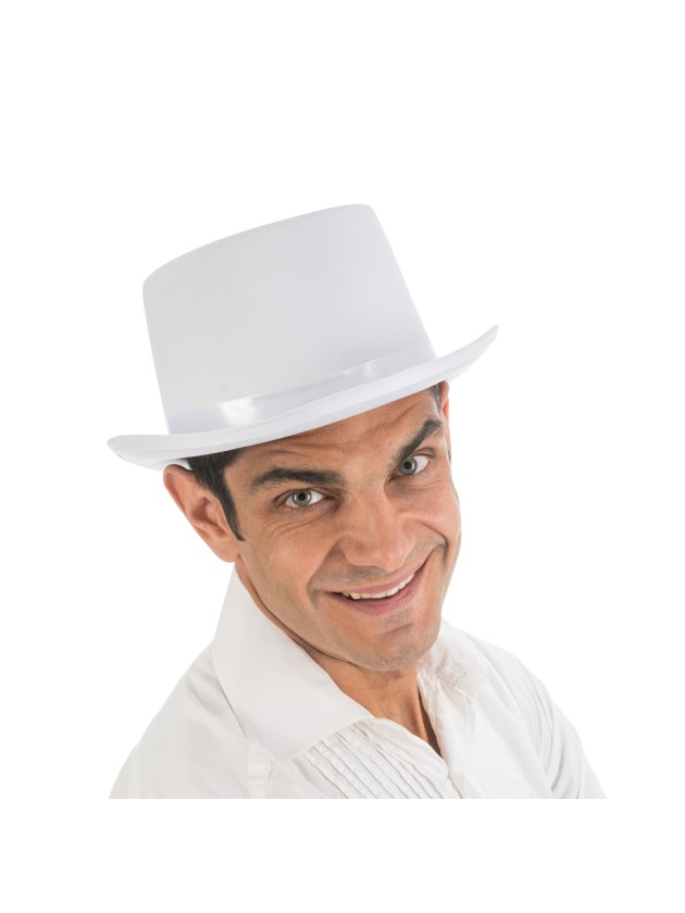 CHAPEAU HAUT DE FORME BLANC SATINE ADULTE TAILLE AJUSTABLE 12CM