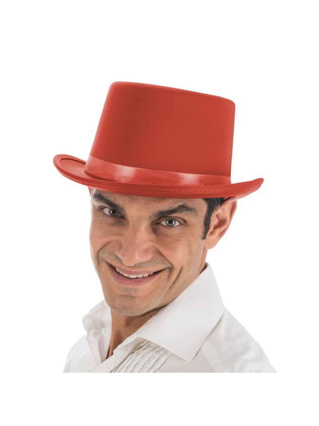 CHAPEAU HAUT DE FORME ROUGE SATINE ADULTE TAILLE AJUSTABLE 12CM