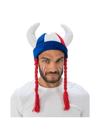 CASQUE GAULOIS CORNES ET TRESSES TISSUS SUPPORTER FRANCE DIA 56CM X 19CM