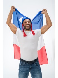CASQUE GAULOIS CORNES ET TRESSES TISSUS SUPPORTER FRANCE DIA 56CM X 19CM