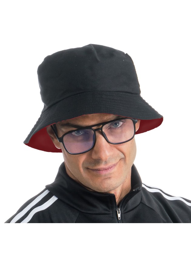 RAPPER KIT 2 PIECES: REVERSIBLE BLACK AND RED BUCKET HAT WITH GLASSES ONE SIZE