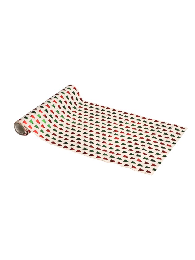 CHEMIN DE TABLE TISSU EFFET NATUREL SAPINS METAL ROUGES ET VERTS 28CM X 3M