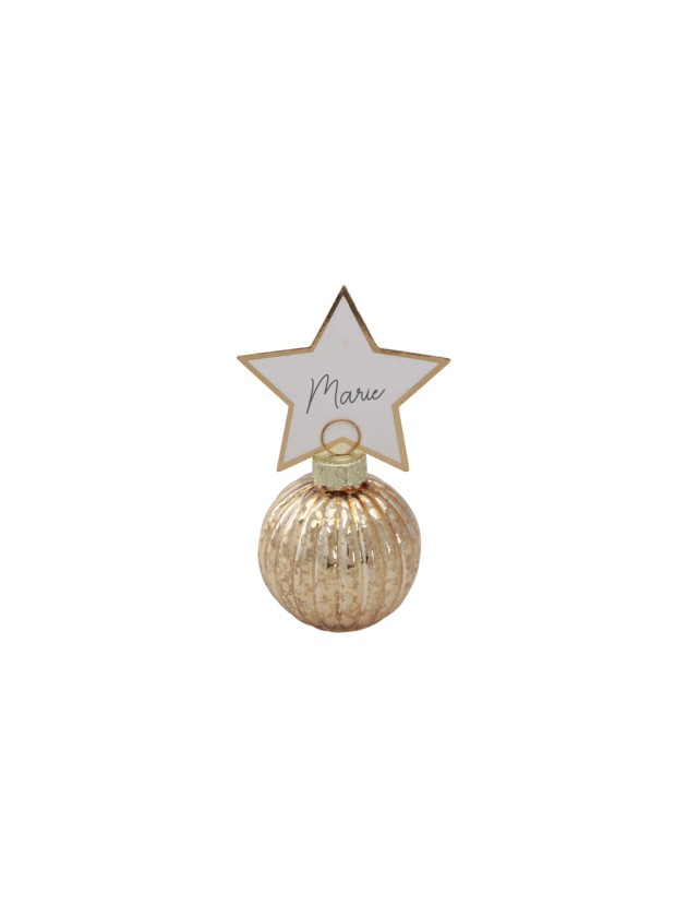 4 MARQUE-PLACES BOULES NOEL OR + ETIQUETTES ETOILE BOULE: DIA 4CM X 5.5CM HT ETOILE: 5CM