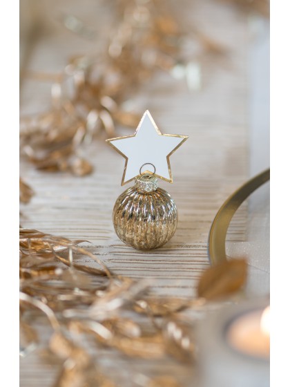 4 MARQUE-PLACES BOULES NOEL OR + ETIQUETTES ETOILE BOULE: DIA 4CM X 5.5CM HT ETOILE: 5CM