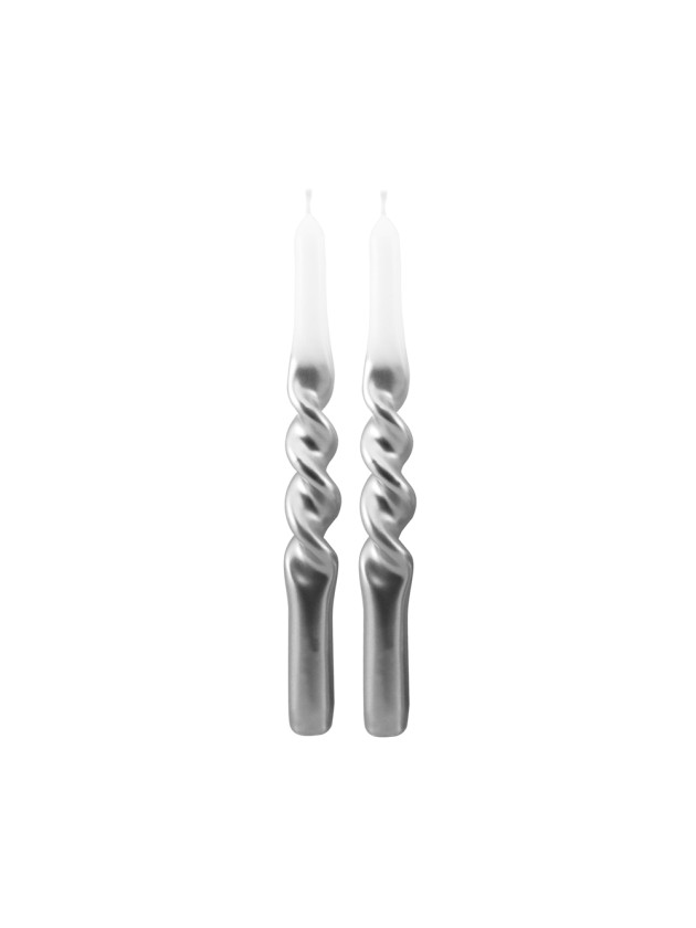 SET 2 BOUGIES FLAMBEAU TORSADE DEGRADE BLANC ARGENT METALLIQUE 9H DIA 2.7CM X 25.8CM