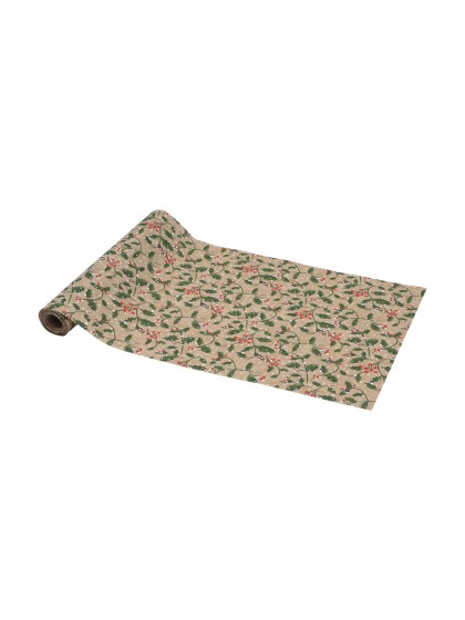 JUTE EFFECT TABLE RUNNER WITH SNOWY HOLLY 28CM X 3M