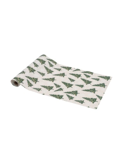 CHEMIN DE TABLE EFFET JUTE SAPINS ENNEIGES ET FLOCONS 28CM X 3M