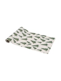 CHEMIN DE TABLE EFFET JUTE SAPINS ENNEIGES ET FLOCONS 28CM X 3M