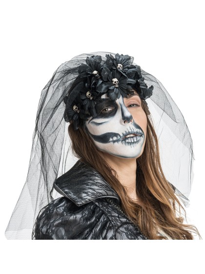 BLACK HEADBAND WITH FLOWERS AND VEIL 25CM X 45CM
