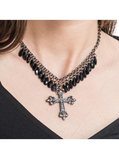 CROSS AND BLACK PEARLS NECKLACE 27CM
