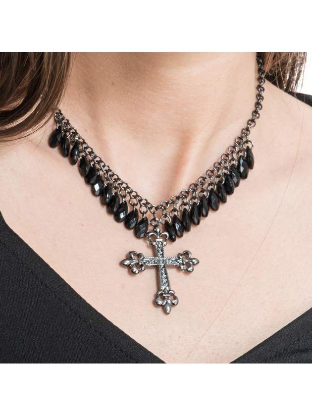 COLLIER CROIX ET PERLES NOIRES 27CM