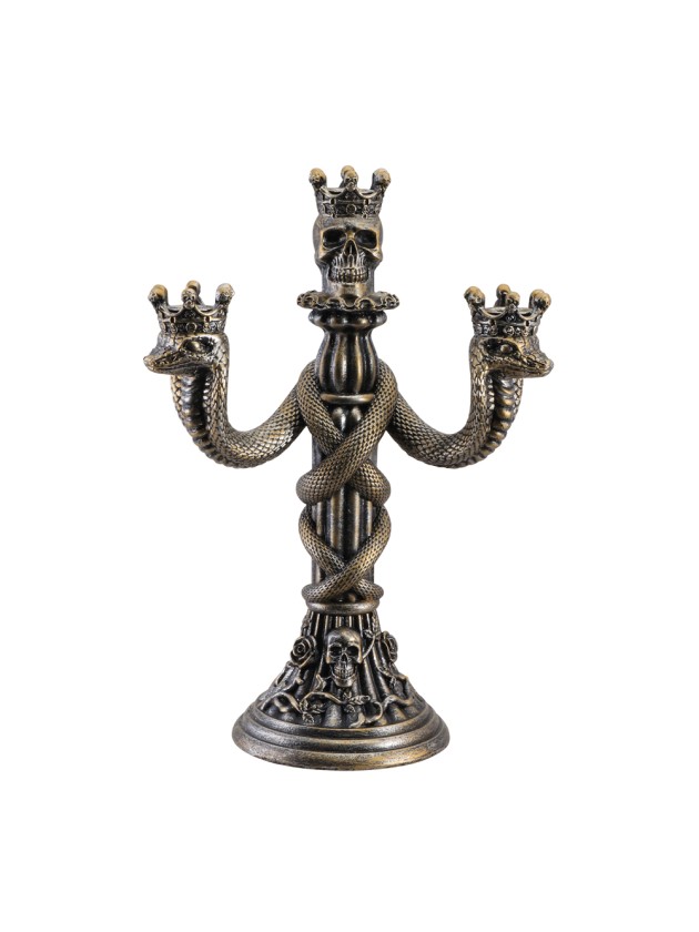 KERZENLEUCHTER BRONZE TOTENKOPF UND SCHLENGELN 3 ÄSTE 20.5CM X 11.5CM X 30CM