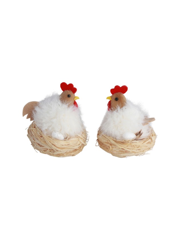 WHITE HEN IN NEST 2 ASS DIA 7CM X 8CM