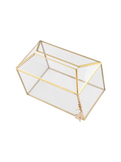 BOITE A BOUQUET / URNE MARIAGE VERRE METAL OR AVEC CADENAS 26CM X 15CM X 18.5CM