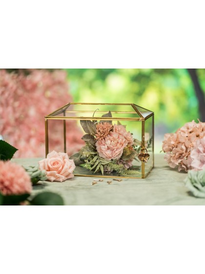 BOITE A BOUQUET / URNE MARIAGE VERRE METAL OR AVEC CADENAS 26CM X 15CM X 18.5CM
