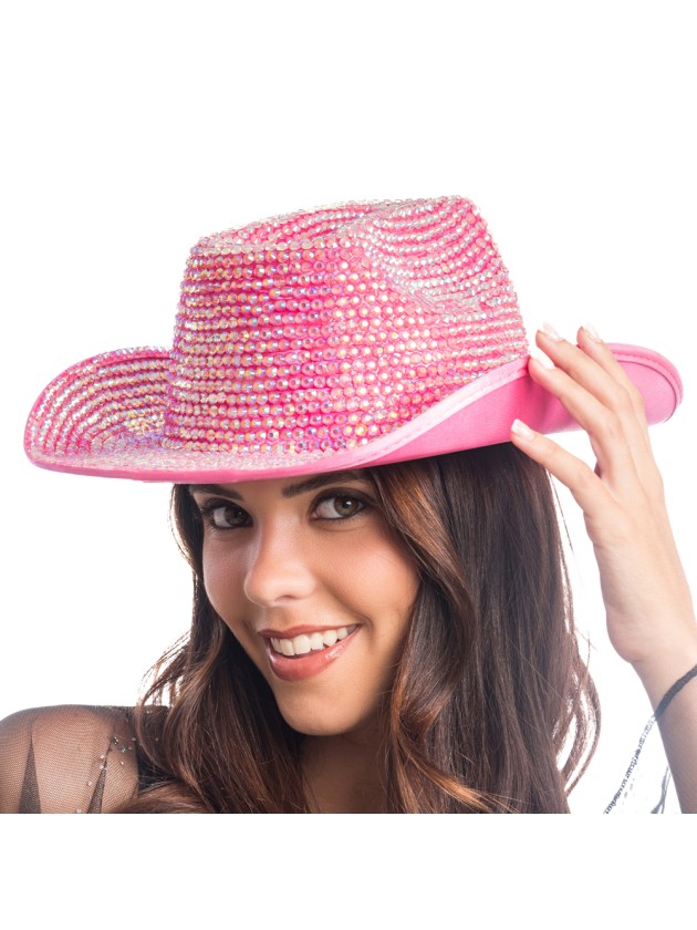 CHAPEAU DE COWBOY ROSE AVEC STRASS DIAMOND TU - avec elastique intérieur