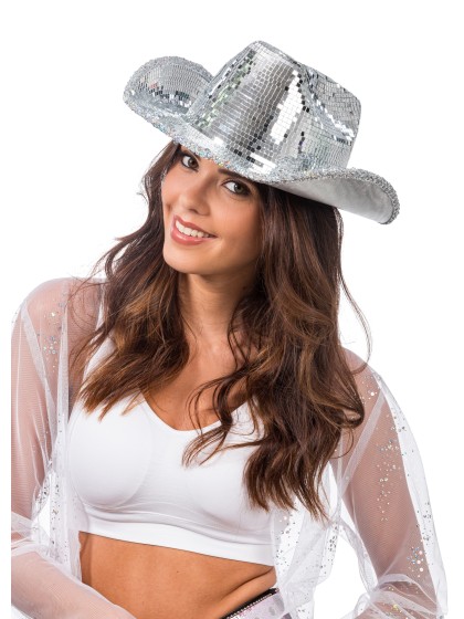 CHAPEAU DE COWBOY ARGENTE BOULE A FACETTES TU - avec elastique intérieur