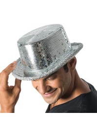 CHAPEAU HAUT DE FORME ARGENTE BOULE A FACETTES 12CM - TU - avec elastique intérieur