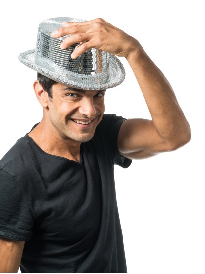 CHAPEAU HAUT DE FORME ARGENTE BOULE A FACETTES 12CM - TU - avec elastique intérieur