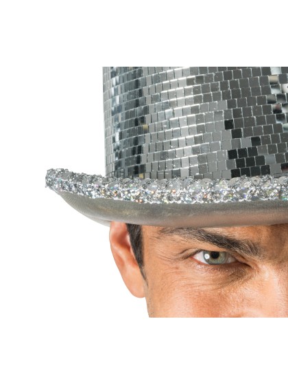 CHAPEAU HAUT DE FORME ARGENTE BOULE A FACETTES 12CM - TU - avec elastique intérieur