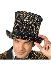 CHAPEAU HAUT DE FORME VELOURS NOIR ET SEQUINS BRONZE 19CM - TU - avec elastique intérieur