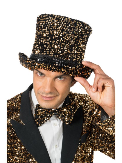 BLACK VELVET TOP HAT WITH BRONZE SEQUINS 19CM