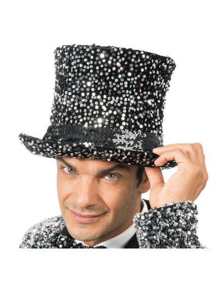CHAPEAU HAUT DE FORME VELOURS NOIR ET SEQUINS ARGENT 19CM - TU - avec elastique intérieur