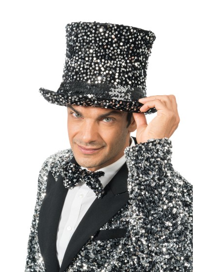 BLACK VELVET TOP HAT WITH SILVER SEQUINS 19CM
