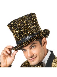 CHAPEAU HAUT DE FORME VELOURS NOIR ET SEQUINS OR 19CM - TU - avec elastique intérieur