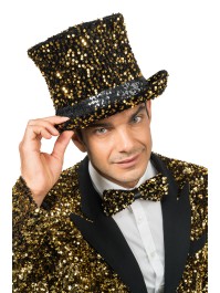 CHAPEAU HAUT DE FORME VELOURS NOIR ET SEQUINS OR 19CM - TU - avec elastique intérieur