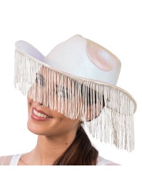 CHAPEAU DE COWBOY BLANC IRISE AVEC FRANGES TU