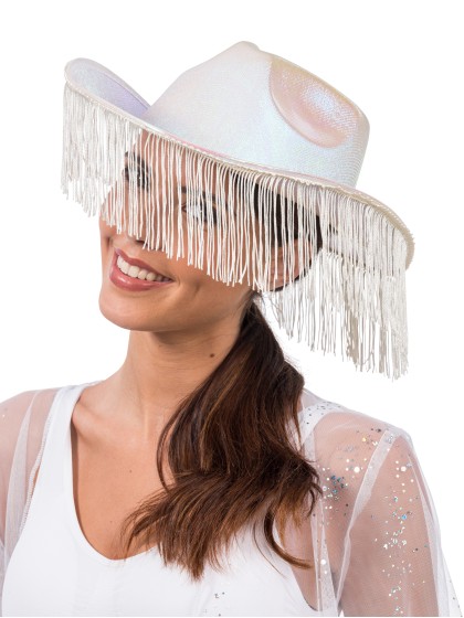 CHAPEAU DE COWBOY BLANC IRISE AVEC FRANGES TU